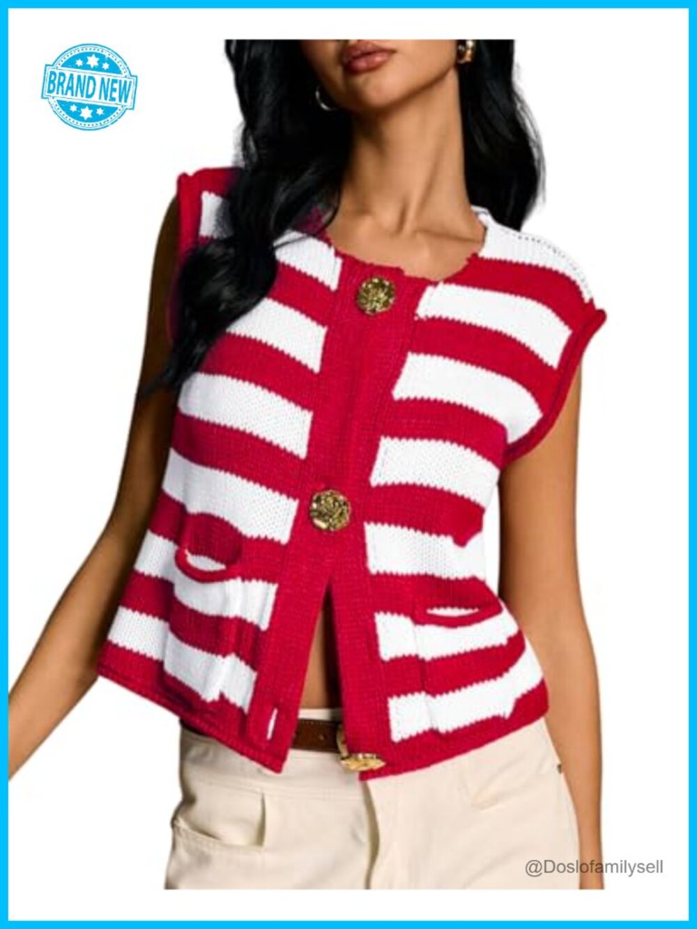 Sleeveless Knit Sweater Vest Button Down Cropped Vest with Pockets